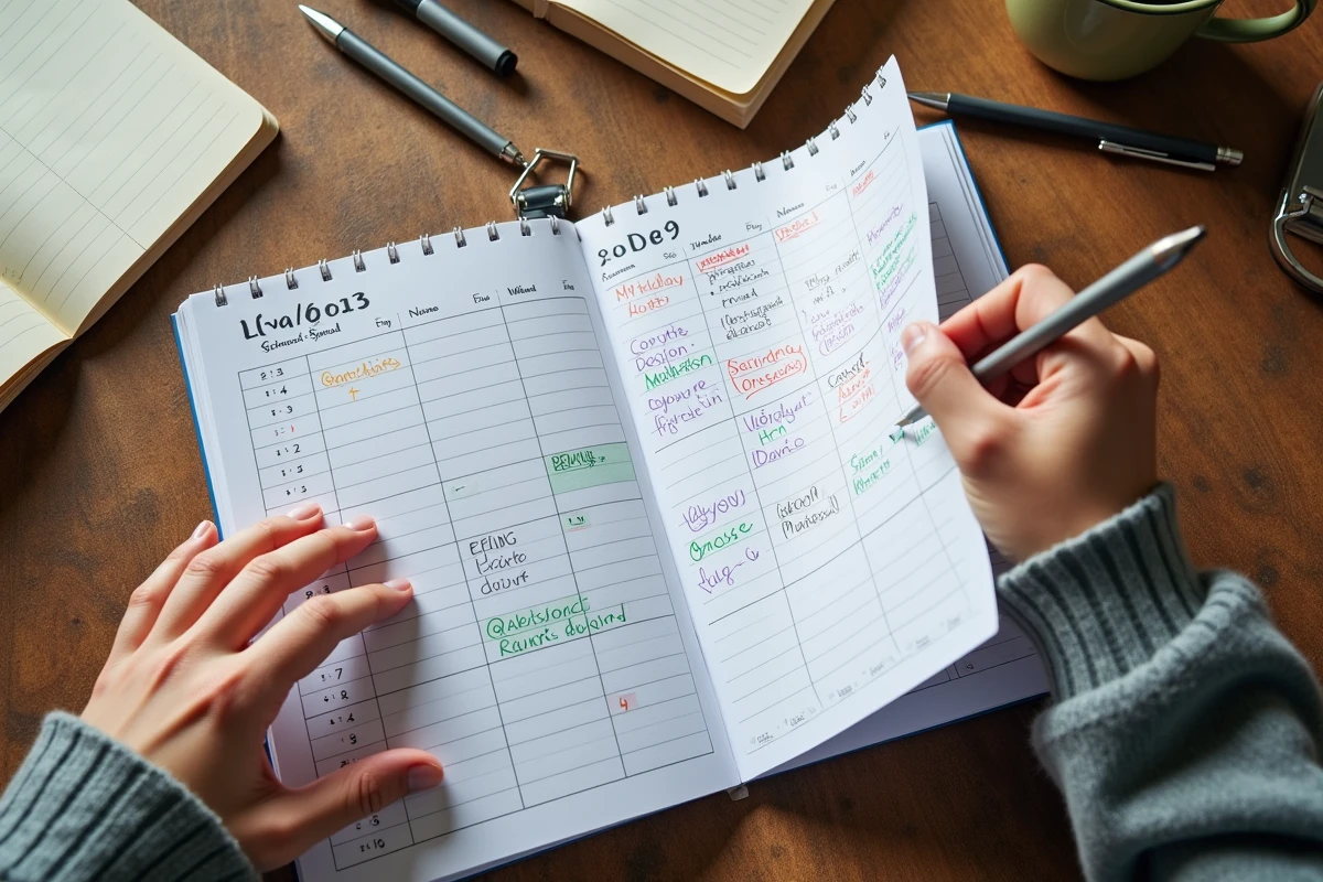 Calendrier scolaire français annoté avec notes et surlignages