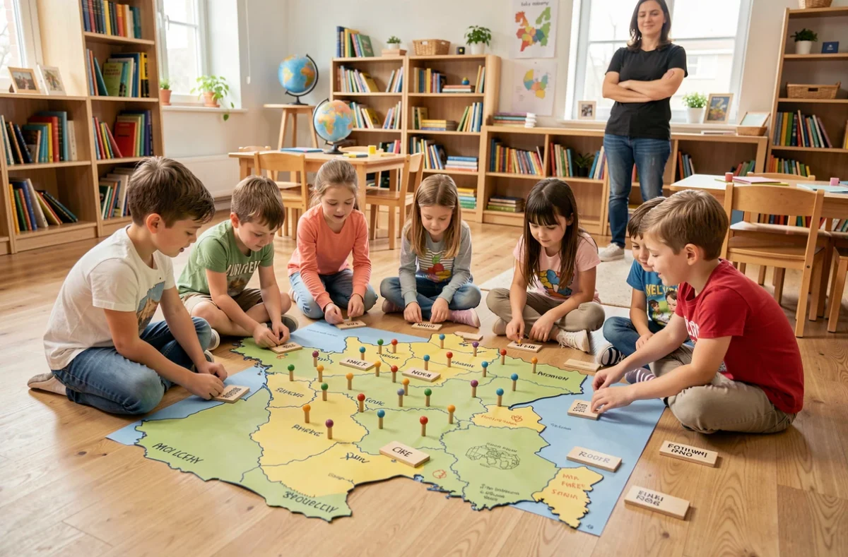 Élèves de différents âges travaillant ensemble sur une carte Montessori dans une classe représentant Cap Montessori