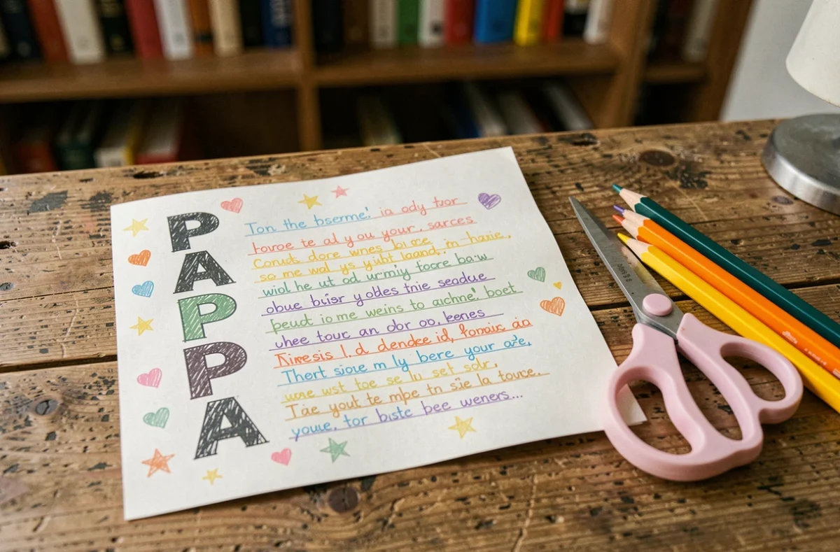 Carte de fête des pères faite main avec un poème acrostiche PAPA écrit verticalement avec des lettres colorées et des dessins d'enfant