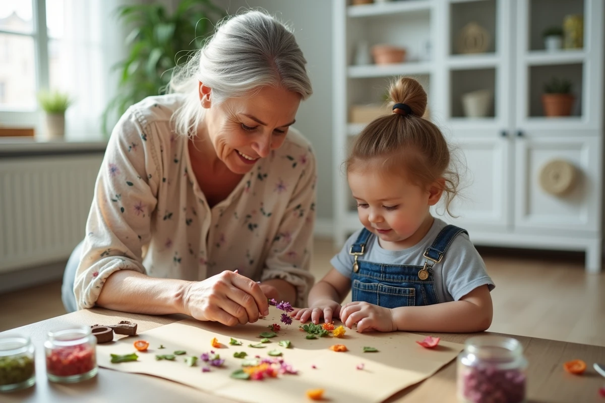 Grand-mère et tout-petit fabriquant une carte de fête des mères avec des fleurs séchées dans un salon lumineux