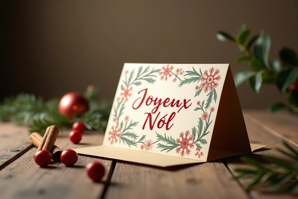 Carte de Noël pliée imprimée debout sur une table en bois avec décorations festives