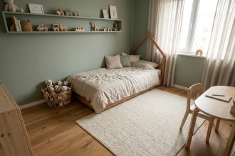 Chambre d'enfant apaisante avec lit cabane en bois, tapis en coton crème et étagères flottantes en style scandinave