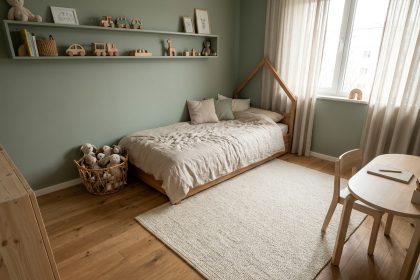 Chambre d'enfant apaisante avec lit cabane en bois, tapis en coton crème et étagères flottantes en style scandinave