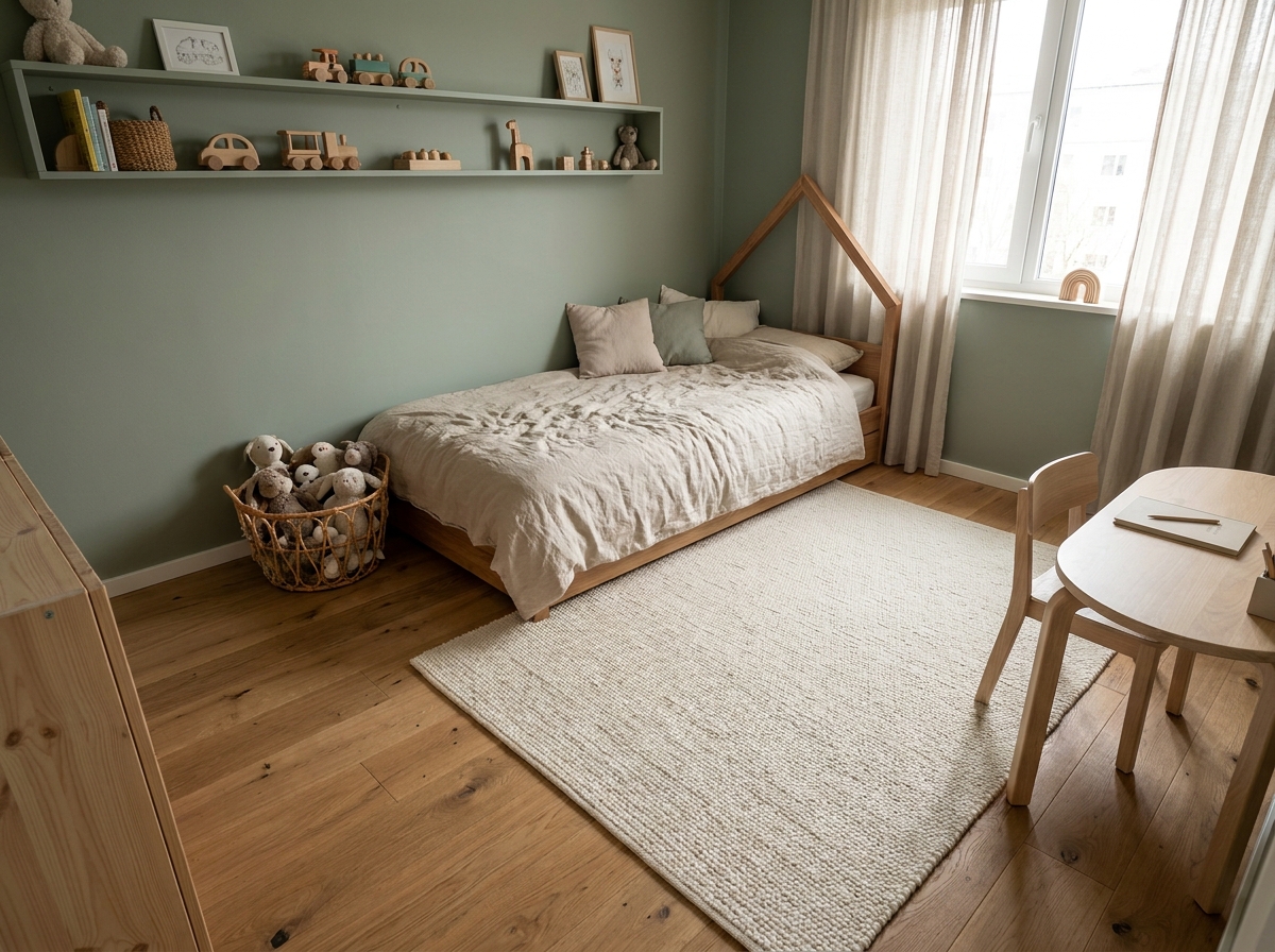 Chambre d'enfant apaisante avec lit cabane en bois, tapis en coton crème et étagères flottantes en style scandinave