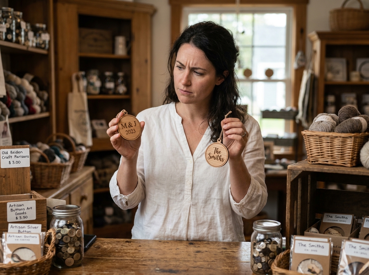 Femme choisissant soigneusement un cadeau personnalisé pour un enfant dans une boutique artisanale