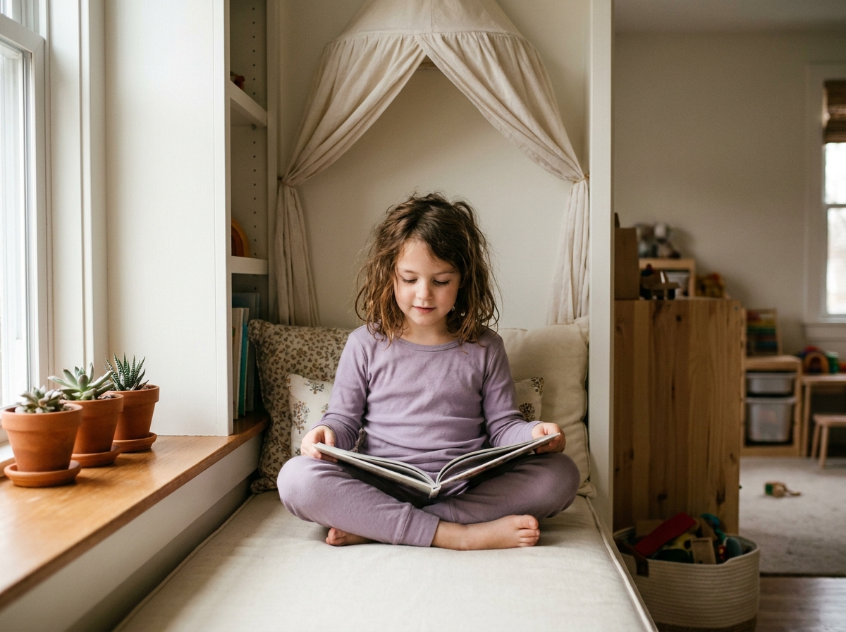 Petite fille lisant dans un coin lecture aménagé d'une chambre d'enfant pratique avec banquette de rangement et baldaquin