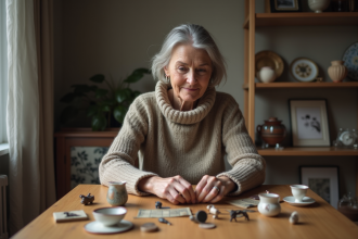 Femme curieuse examinant une collection d'objets anciens