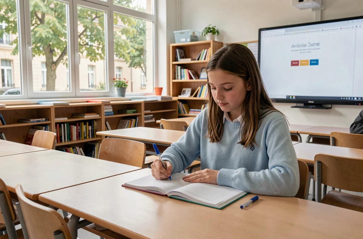 Collégienne du Collège privé Sainte-Clotilde d'Amboise écrivant dans un cahier dans une salle moderne