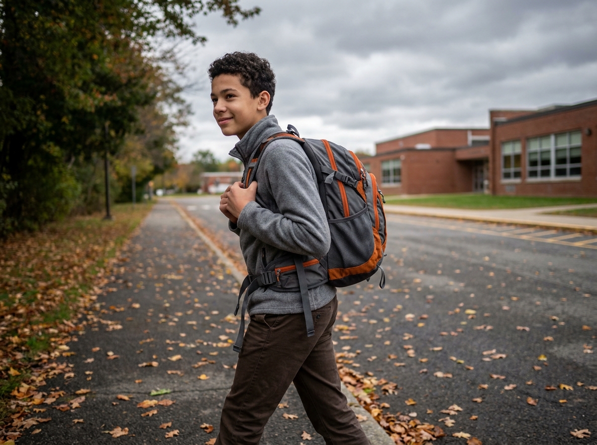 Collégien marchant sur le chemin de l'école avec un sac à dos bien ajusté et ergonomique