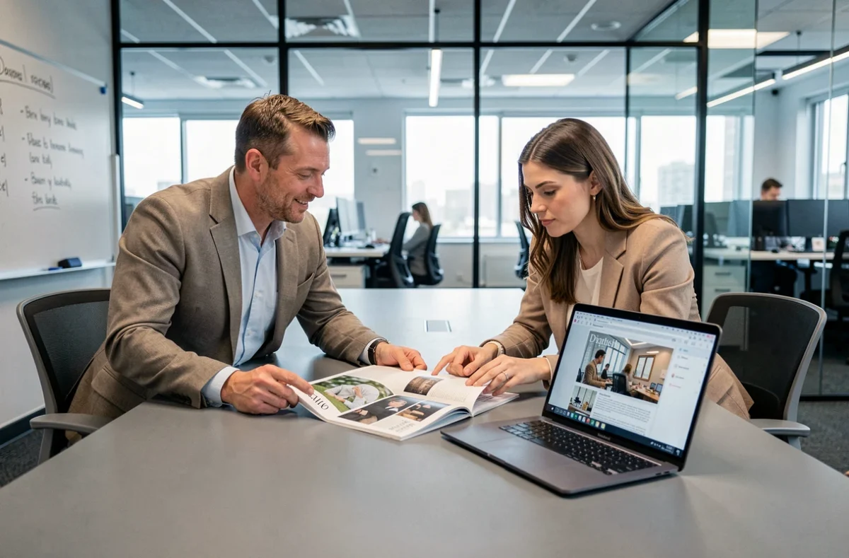 Deux professionnels comparant un magazine papier et sa version numérique sur ordinateur portable en salle de réunion, pour choisir le meilleur abonnement business