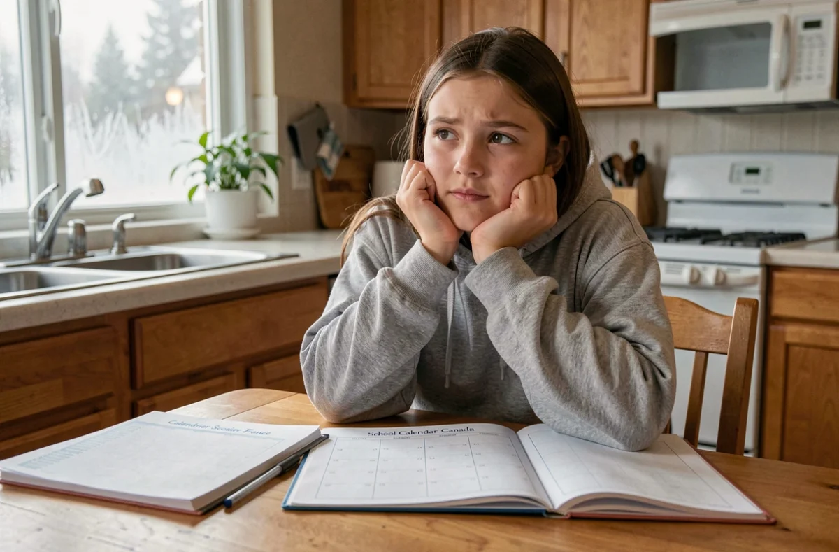 Adolescente comparant les calendriers scolaires français et canadien à une table de cuisine