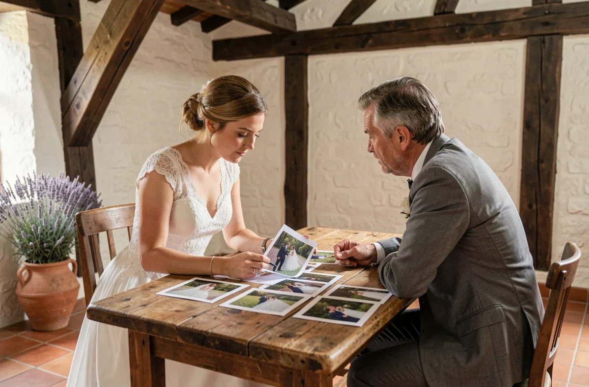 Séance de consultation entre une mariée et un photographe de mariage dans une ferme landaise