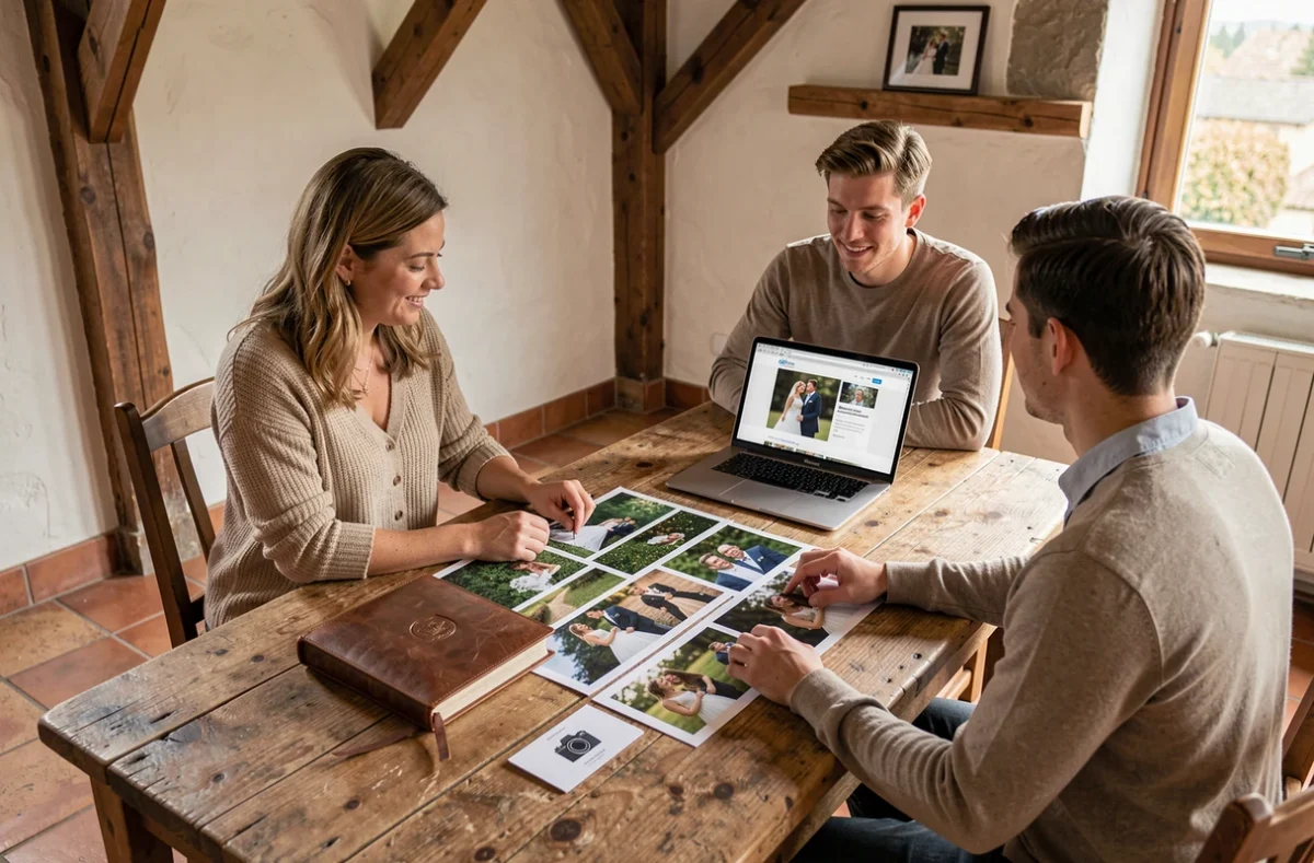Consultation portfolio avec un photographe de mariage au pays basque dans une ferme traditionnelle basque