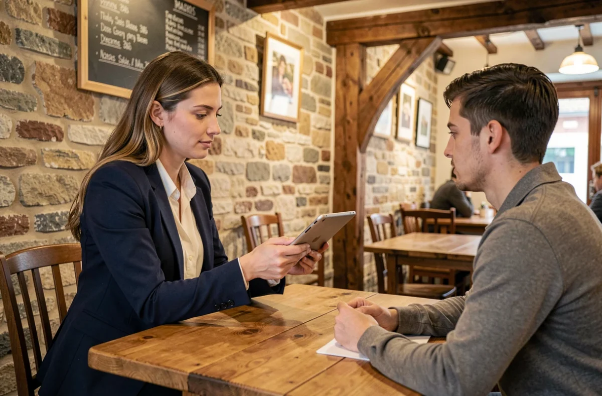 Photographe présentant son portfolio à un couple lors d'une consultation dans un café de Draguignan