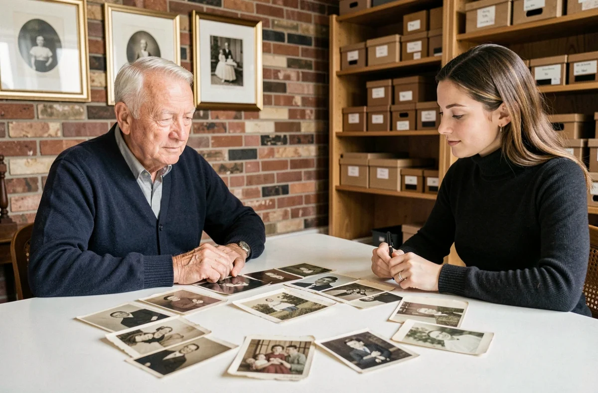 Un client âgé et une photographe professionnelle examinent ensemble de vieilles photographies familiales pour une restauration