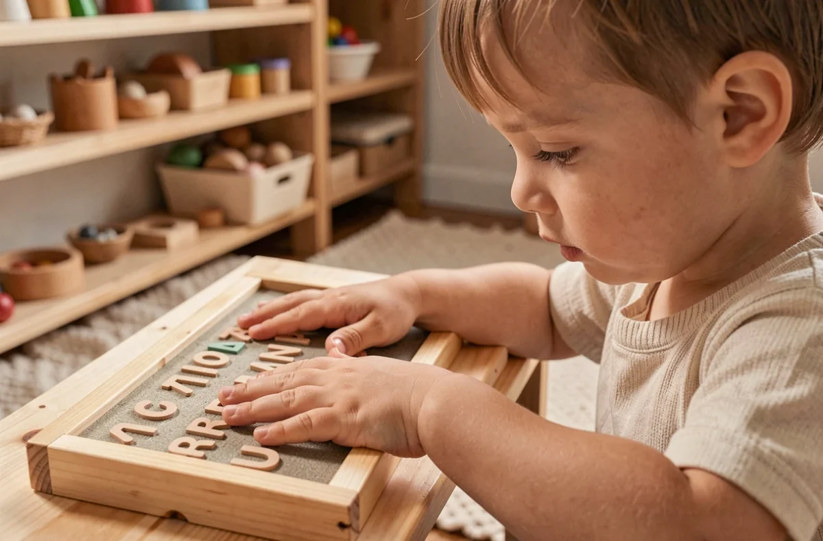 Jeune enfant explorant du matériel Montessori sensoriel dans un espace bienveillant évoquant Coup de Pousse Montessori