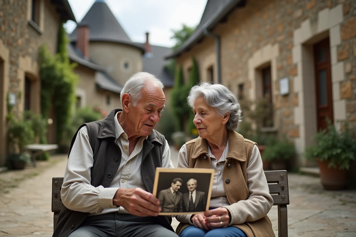 Couple âgé en milieu rural français consultant une ancienne photographie de famille dans un village de pierre