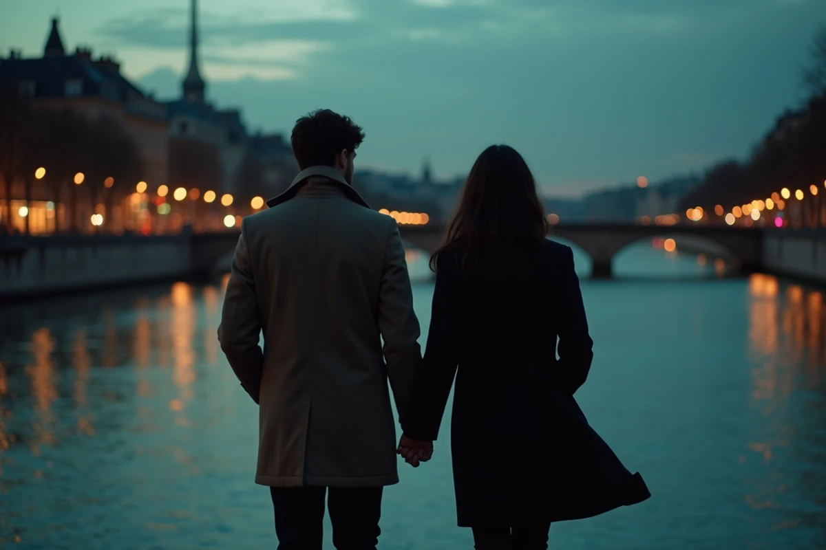 Couple marchant de dos au bord de la Seine à Paris, illustrant le choix de préserver l'anonymat du conjoint d'une personnalité médiatique