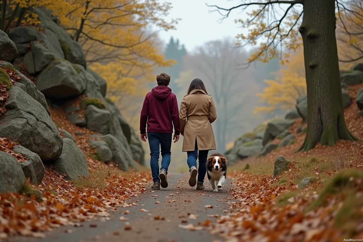 Couple en randonnée avec leur border collie sur un sentier de la forêt de Fontainebleau entouré de rochers et de feuillage automnal
