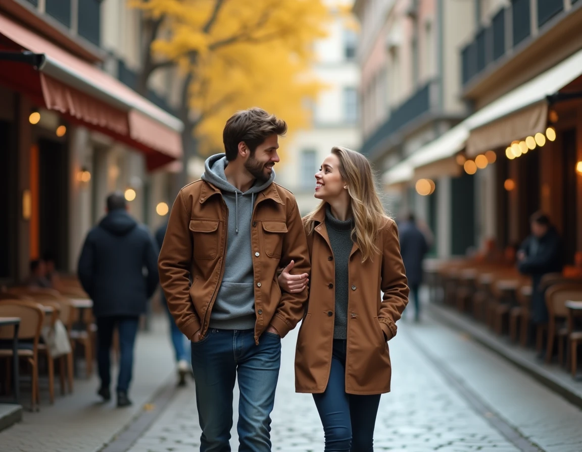 Couple se promenant discrètement dans une rue pavée parisienne en automne, symbole d'une vie de couple loin des médias