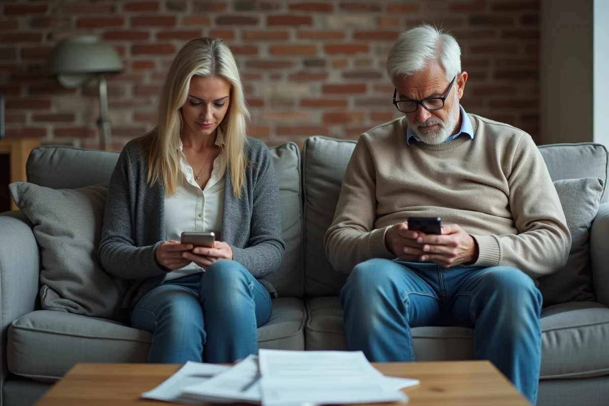 Couple en cours de divorce assis à distance l'un de l'autre avec des documents juridiques sur la table