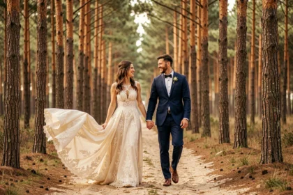 Couple de mariés se promenant dans la forêt des Landes lors d'une séance photo de mariage