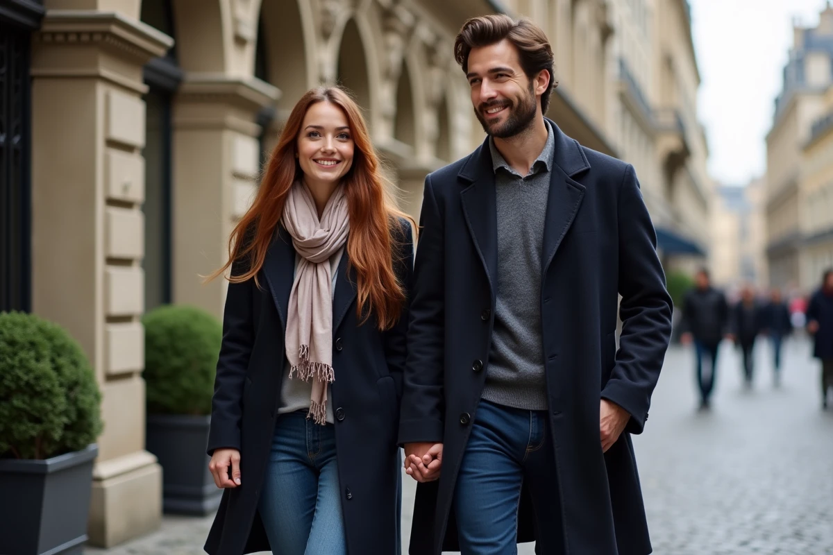 Couple élégant marchant à Paris avec manteau navy et foulard