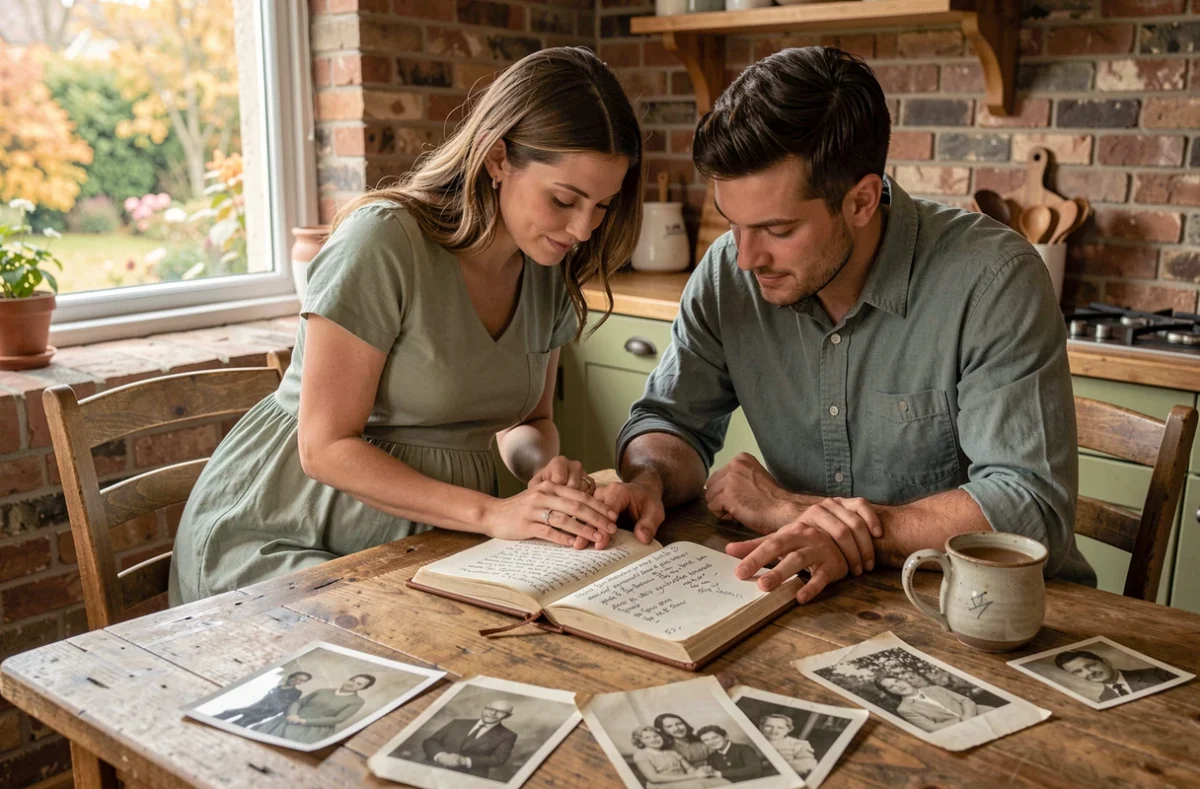 Couple attendant un enfant consultant un journal généalogique manuscrit avec des vieilles photographies de famille sur une table en bois rustique