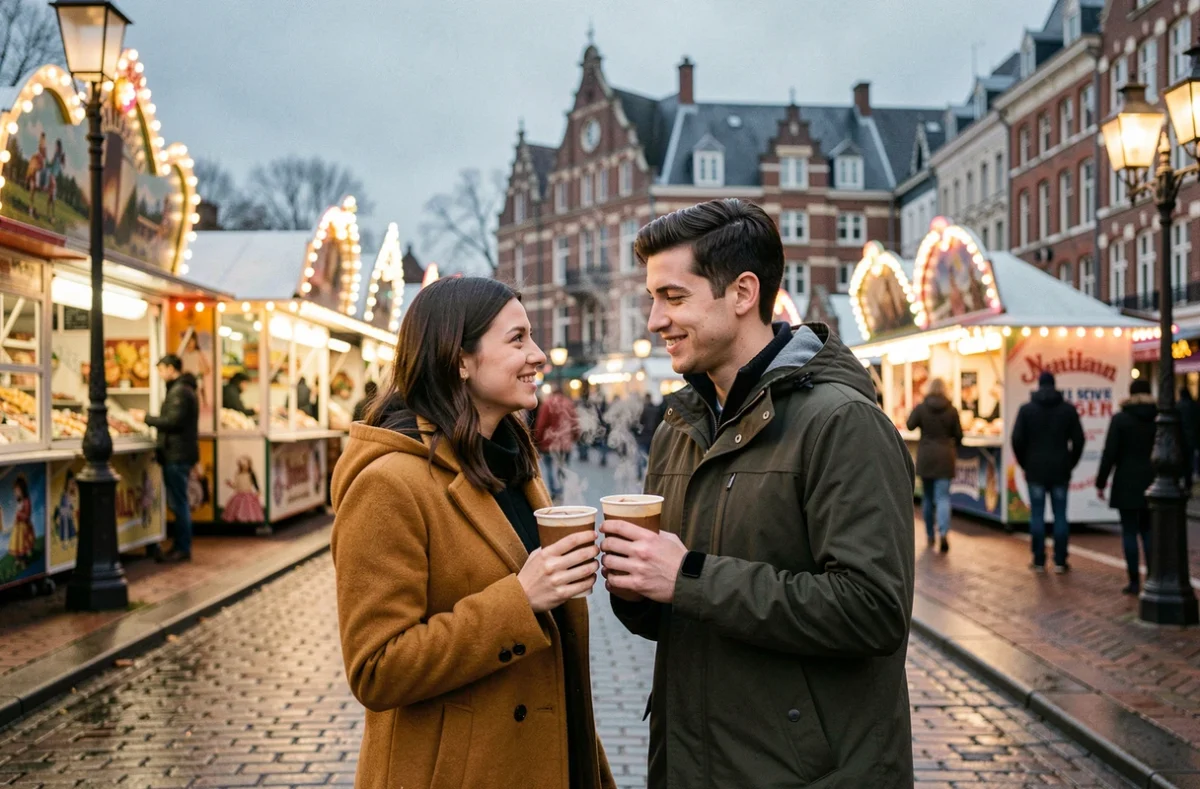 Couple de jeunes adultes se promenant entre les manèges et les stands de la Foire de Lille en hiver