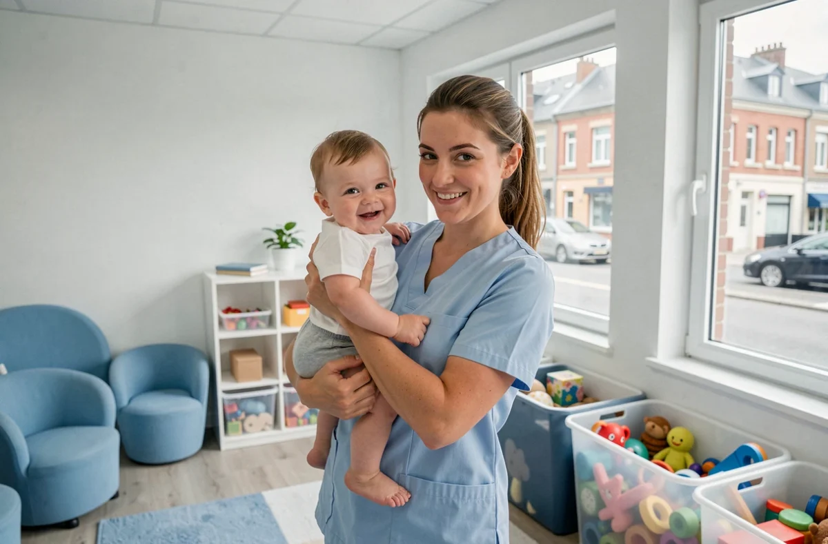 Professionnelle de la crèche Kérélie à Brest tenant un nourrisson dans une salle de nurserie moderne aux murs blanc et bleu clair