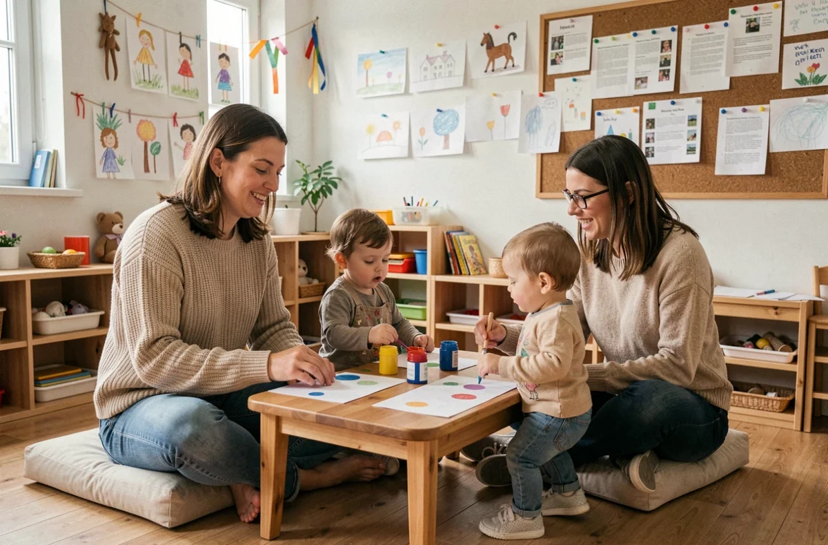 Atelier créatif à la crèche parentale P'tit Mousse de Brest avec un parent et une professionnelle encadrant des tout-petits autour d'une table de peinture