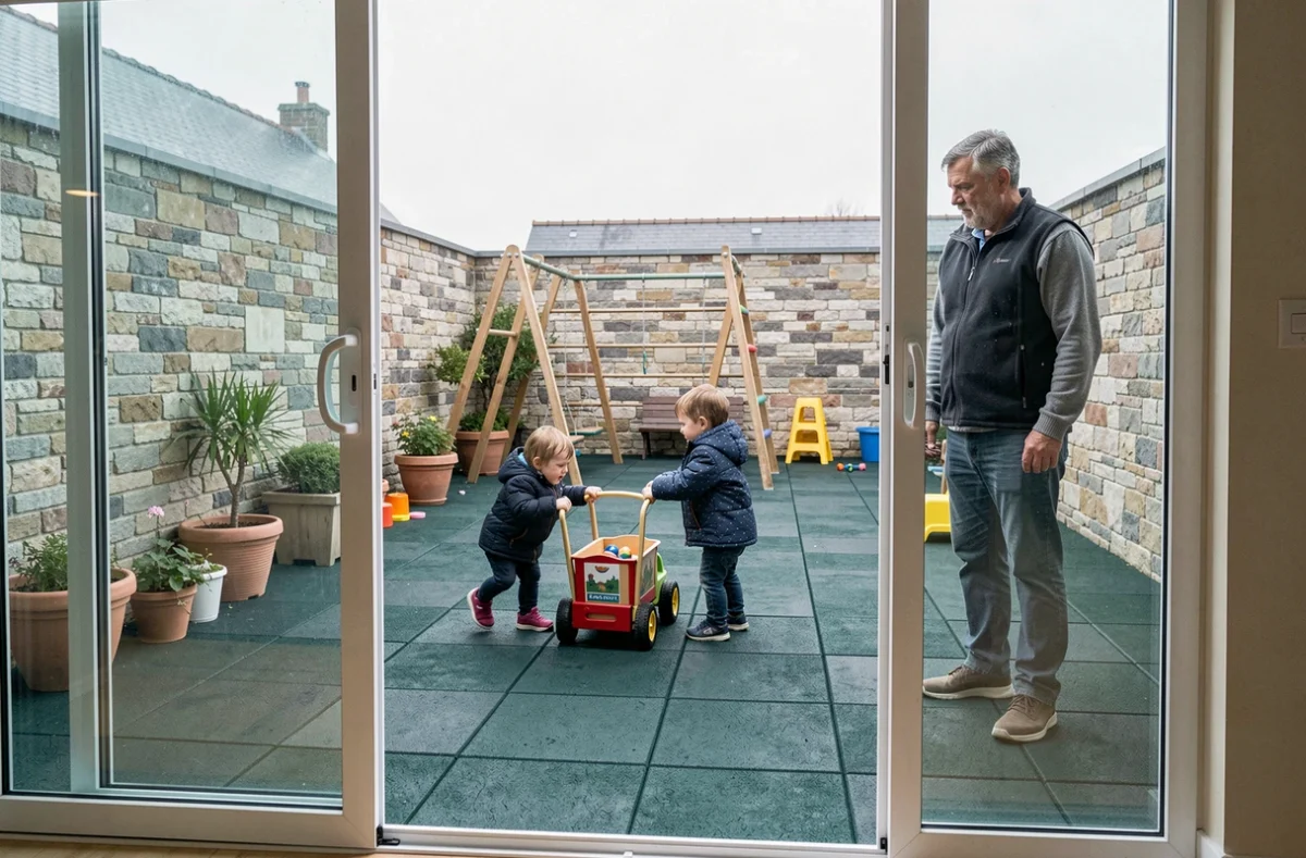 Deux tout-petits en vestes imperméables jouant dans la cour extérieure de la crèche VYV Enfance à Guipavas sous la surveillance d'un éducateur
