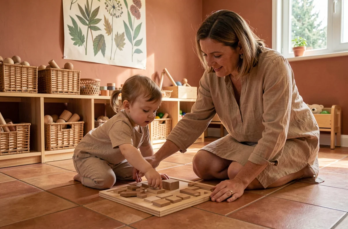 Éducatrice de la crèche VYV Enfance à Plougastel-Daoulas guidant un enfant dans un exercice de tri de formes en bois sur un sol en carrelage