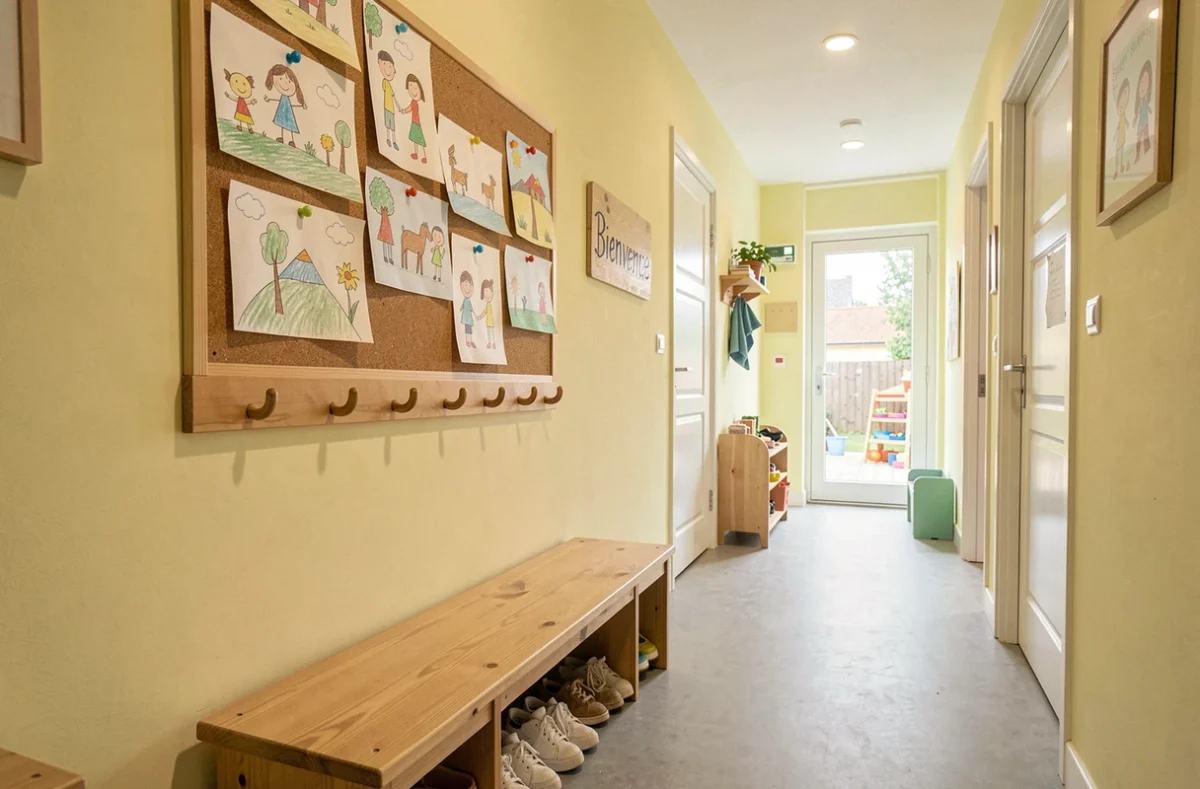 Couloir d'entrée d'une crèche en Finistère avec dessins d'enfants, petits crochets en bois et chaussures alignées sous un banc