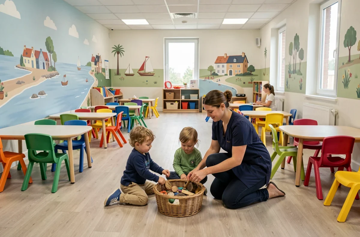 Salle d'activités d'une crèche municipale de Brest avec une professionnelle de la petite enfance et des tout-petits autour d'un panier sensoriel