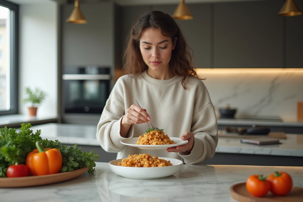 Femme servant un plat coloré dans une cuisine moderne