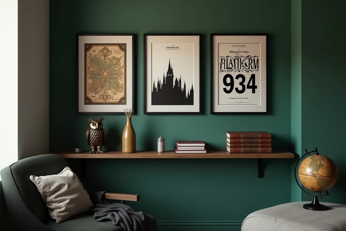 Coin de chambre décoré avec des affiches Harry Potter imprimées encadrées sur un mur vert foncé style Poudlard