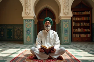 Homme en tenue islamique traditionnelle lisant le Coran dans une salle de mosquée décorée de mosaïques, illustrant la piété des descendants du Prophète Mohammed