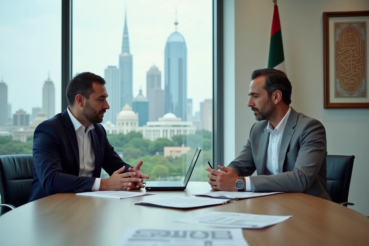 Deux hommes en tenue professionnelle discutant autour d'une table de réunion avec des documents, symbolisant le rôle politique contemporain des descendants du Prophète Mohammed