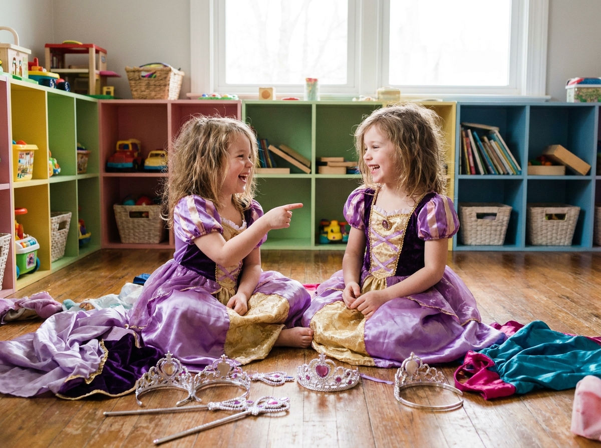 Deux fillettes habillées en princesses jouant ensemble dans une salle de jeux colorée