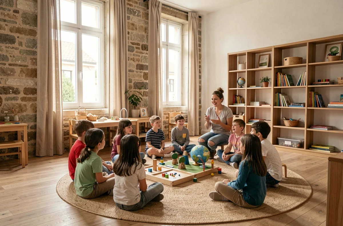 Groupe d'élèves en leçon collective sur tapis circulaire dans la salle de l'École Montessori du Mans