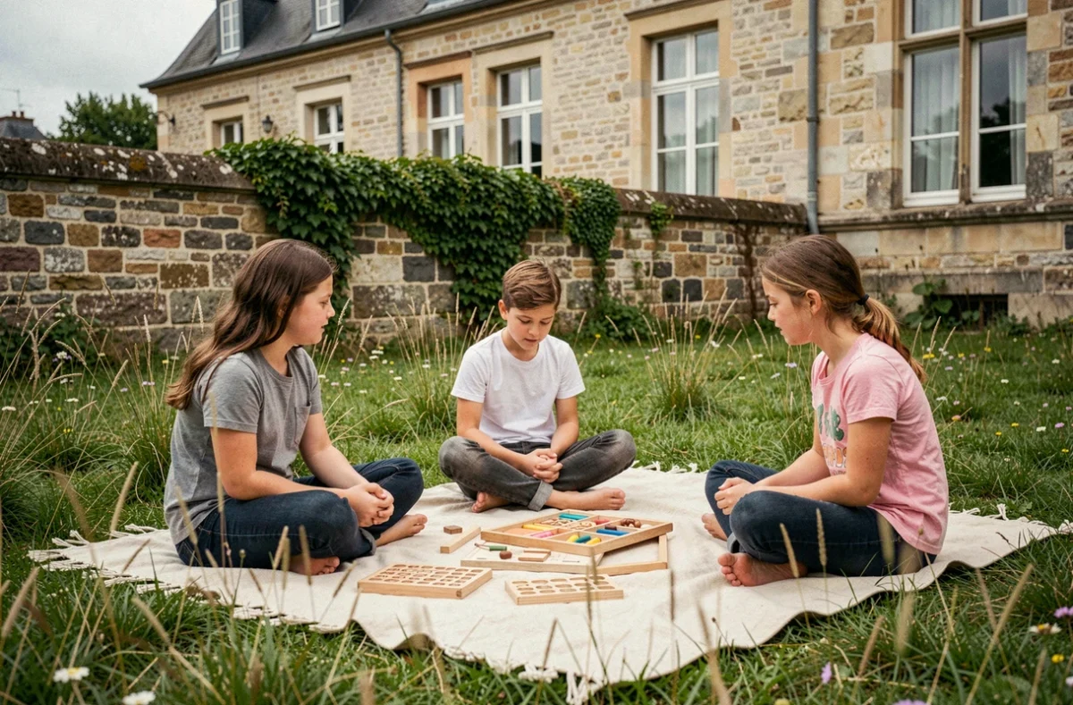 Enfants pieds nus dans l'herbe en activité Montessori extérieure devant l'école Les Petons dans l'herbe à Nantes