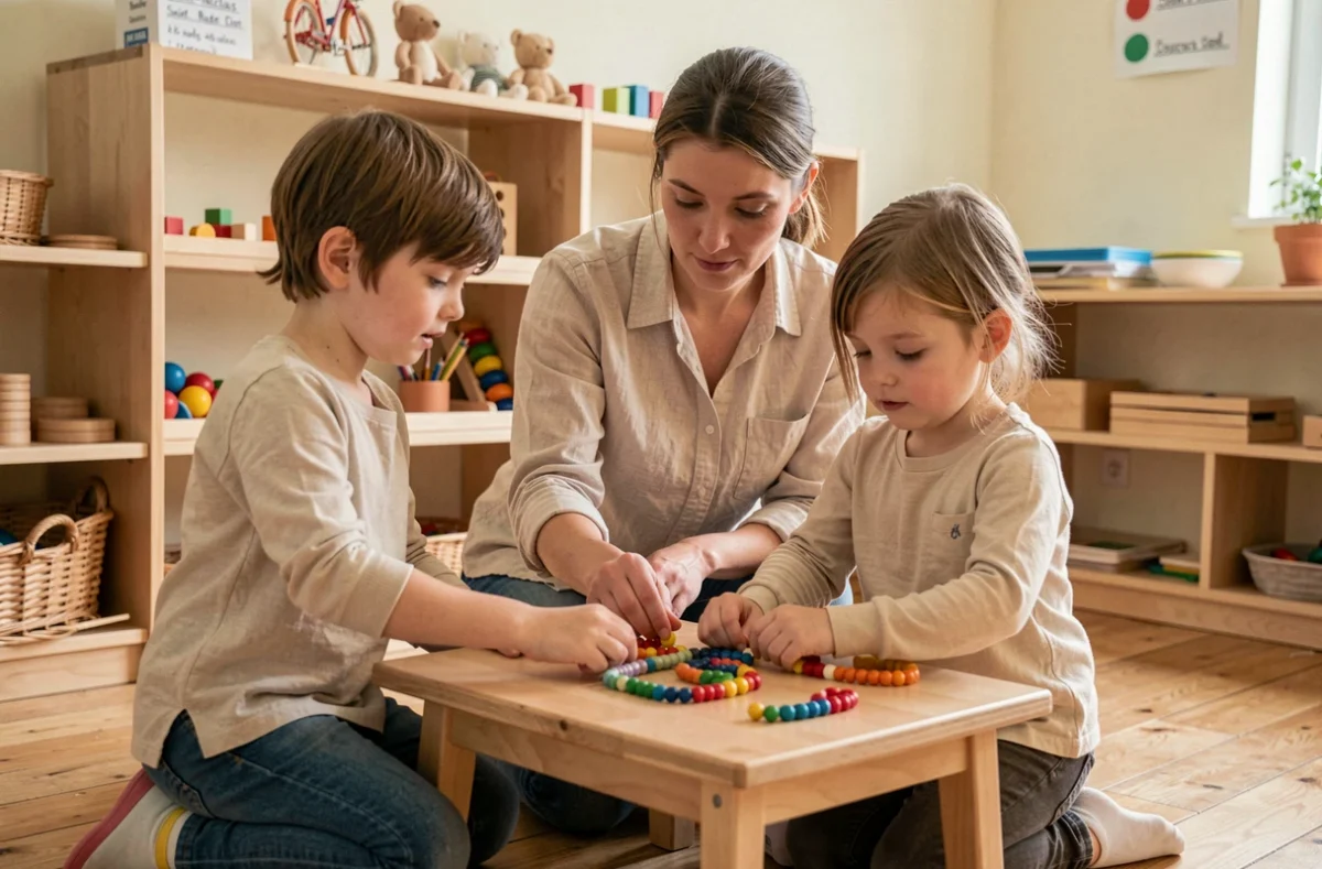 Éducatrice Montessori accompagnant un élève dans une salle de classe de l'école Saint-Nicolas-de-Redon
