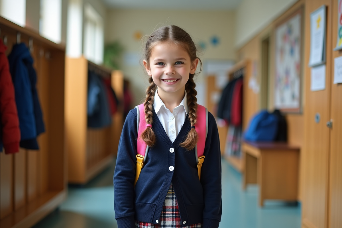 Jeune fille d'école primaire souriante dans un couloir scolaire