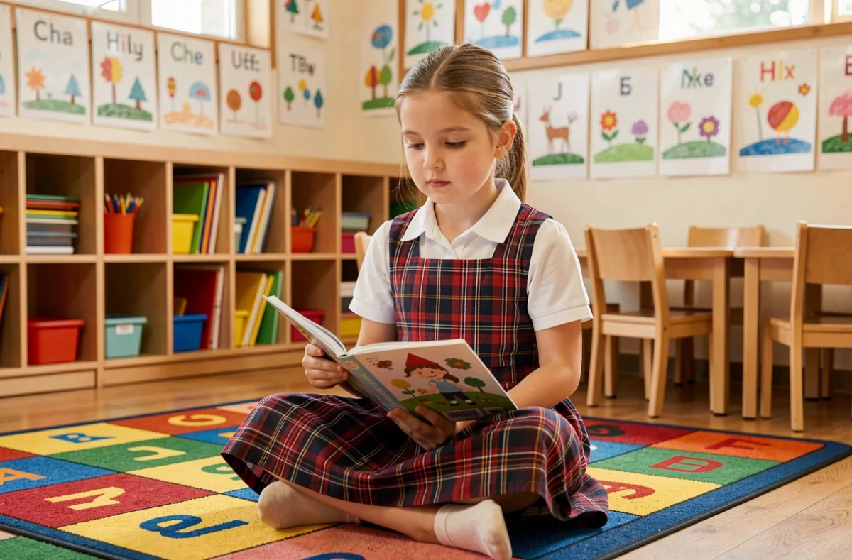 Jeune élève de l'École privée Notre-Dame-la-Riche de Tours lisant dans une salle de classe primaire colorée