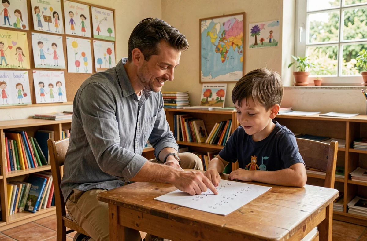 Enseignant de l'École privée Saint-Joseph de Chinon aidant un élève sur un exercice de mathématiques