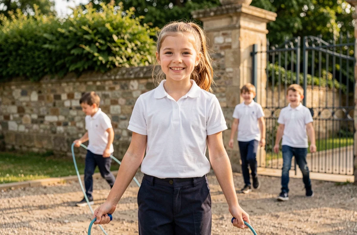 Écolière de l'École privée Sainte-Jeanne-d'Arc de Loches dans la cour de récréation de l'établissement