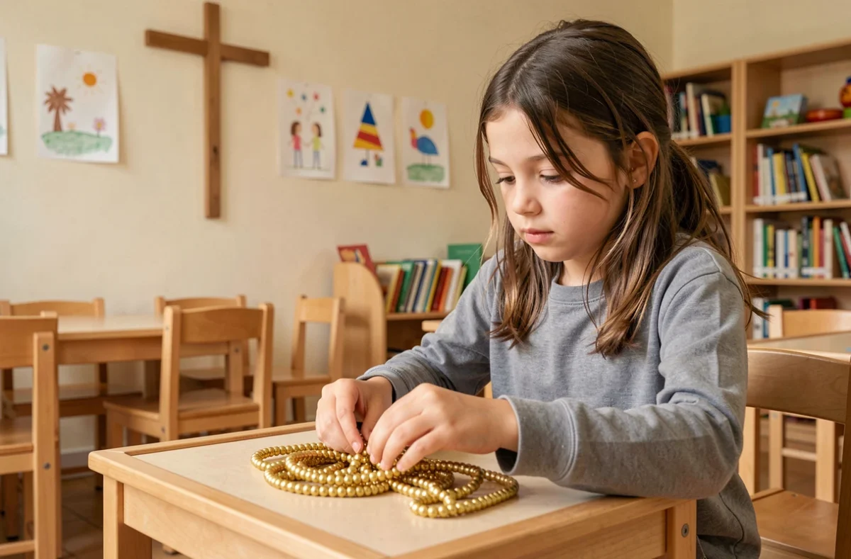 Élève travaillant avec des perles dorées Montessori dans une salle de l'école Sacré-Cœur à l'ambiance chaleureuse