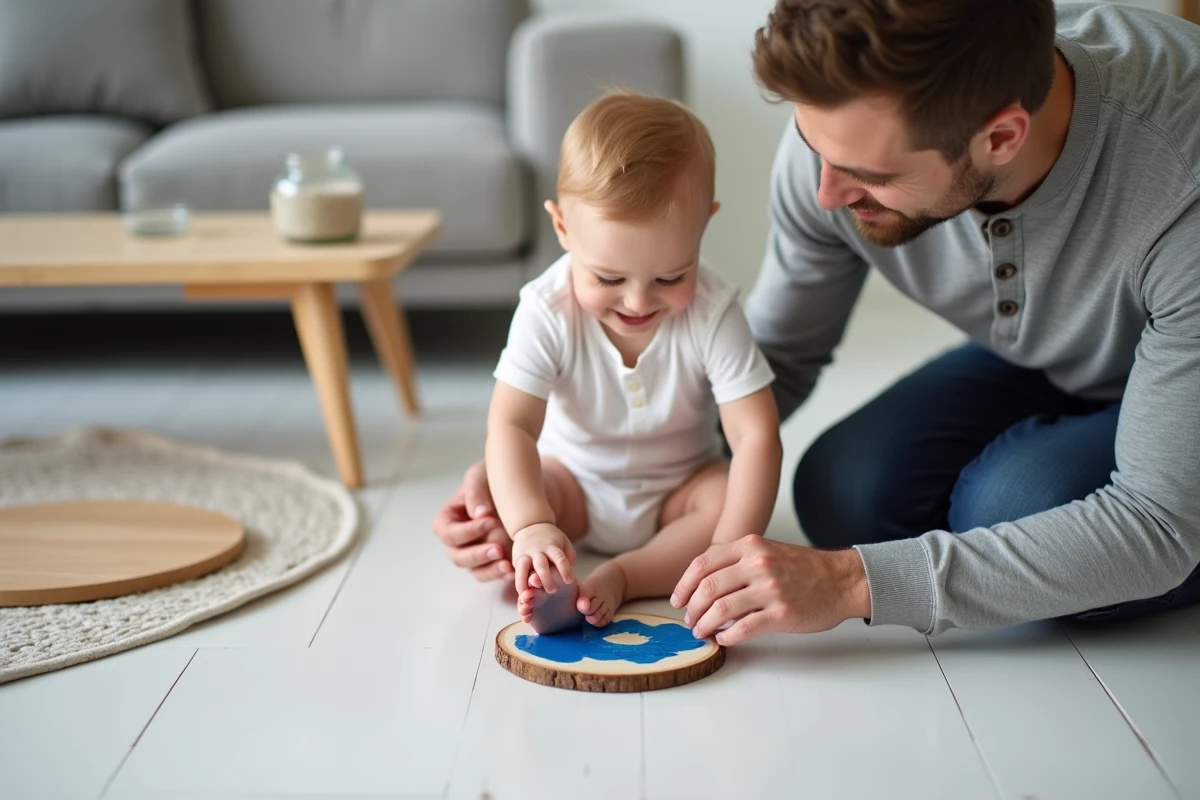 Papa réalisant une empreinte de pied de bébé sur un disque en bois comme cadeau artisanal pour la fête des mères