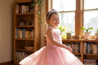 Petite fille déguisée en princesse rose tournant sur elle-même dans un salon familial
